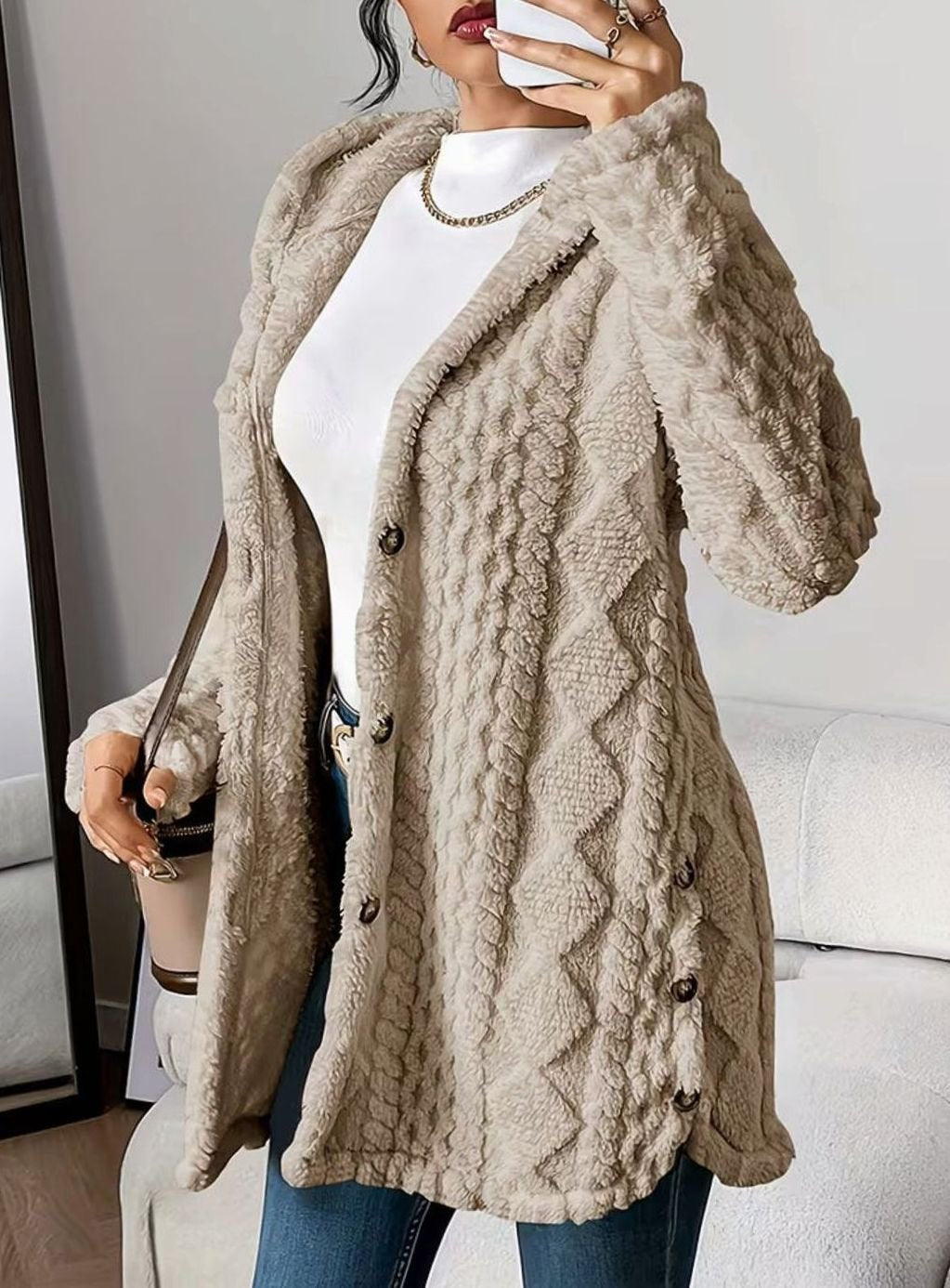 Mia | Veste de transition pour femmes avec capuche, patte de boutonnage, motif structuré, manches longues