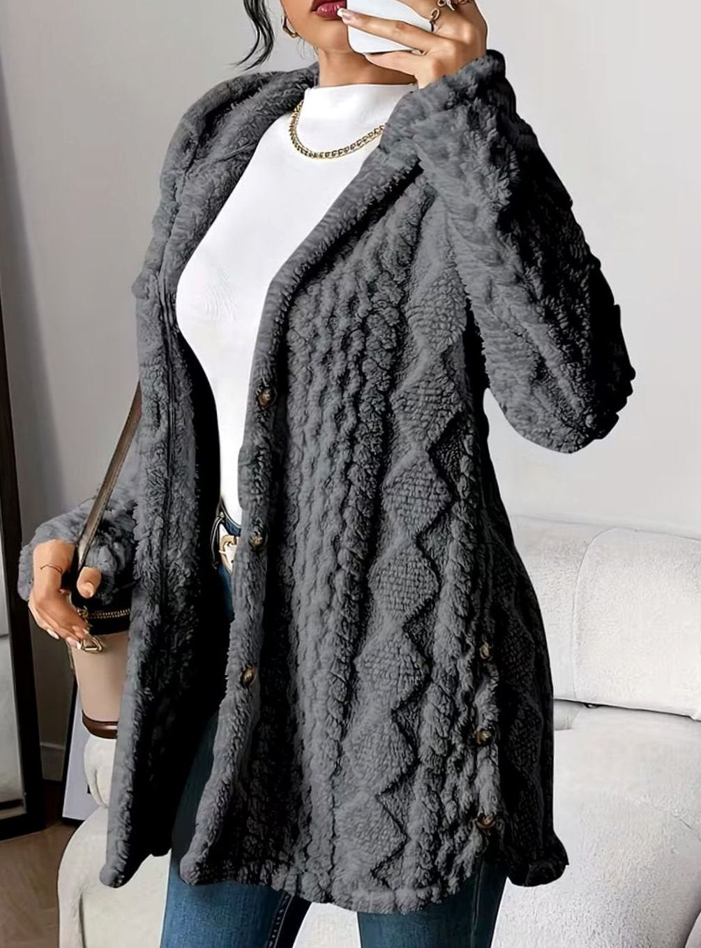 Mia | Veste de transition pour femmes avec capuche, patte de boutonnage, motif structuré, manches longues