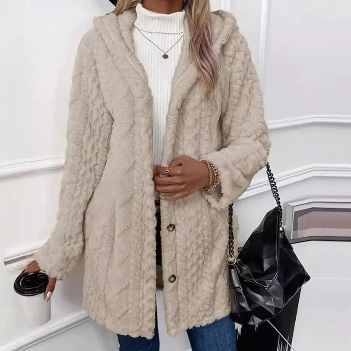 Mia | Veste de transition pour femmes avec capuche, patte de boutonnage, motif structuré, manches longues