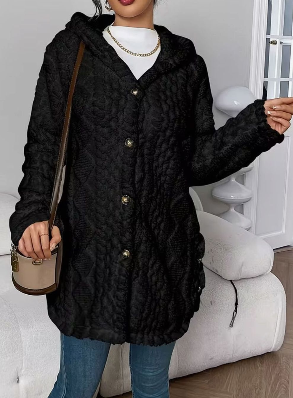 Mia | Veste de transition pour femmes avec capuche, patte de boutonnage, motif structuré, manches longues