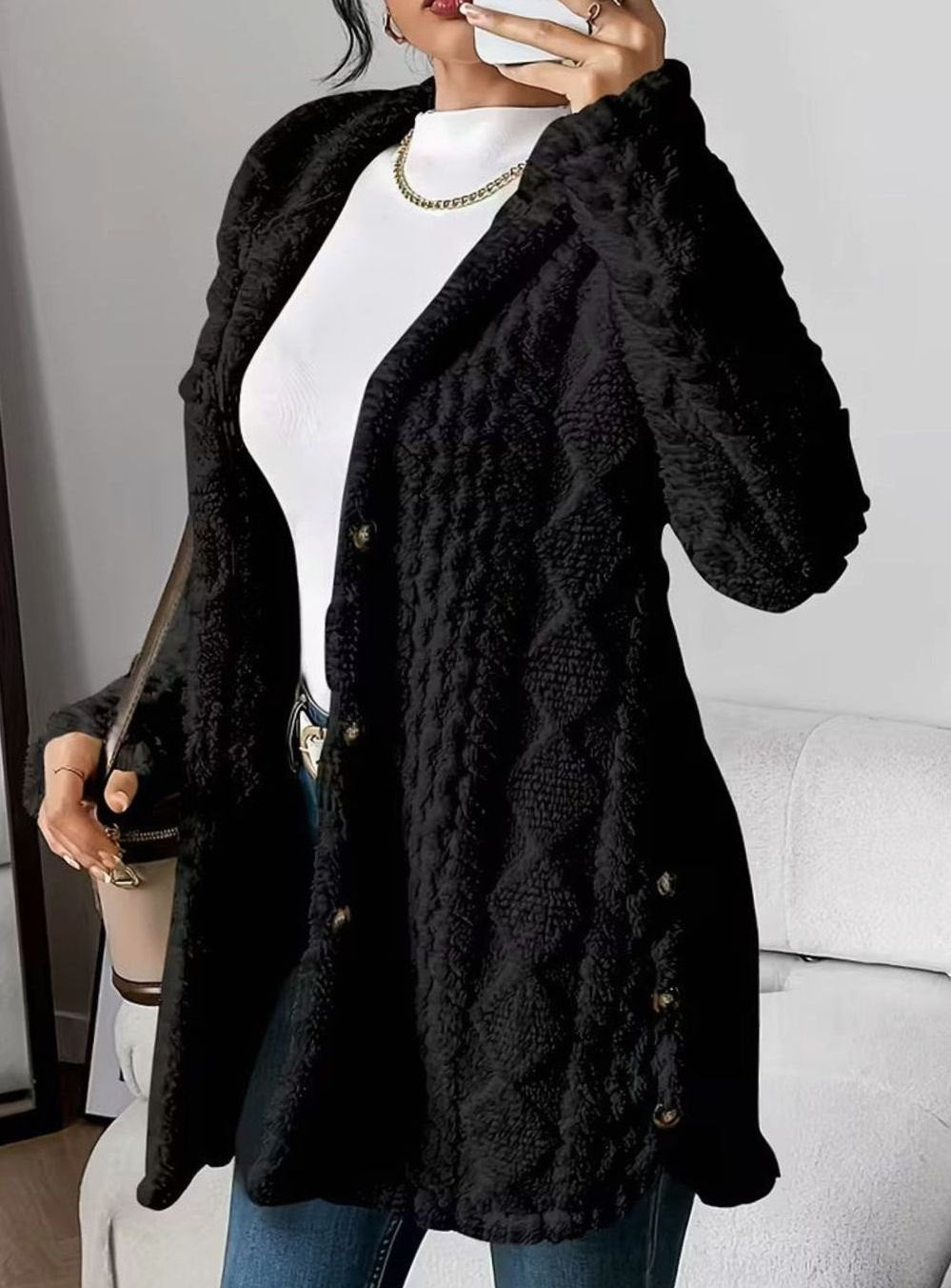 Mia | Veste de transition pour femmes avec capuche, patte de boutonnage, motif structuré, manches longues