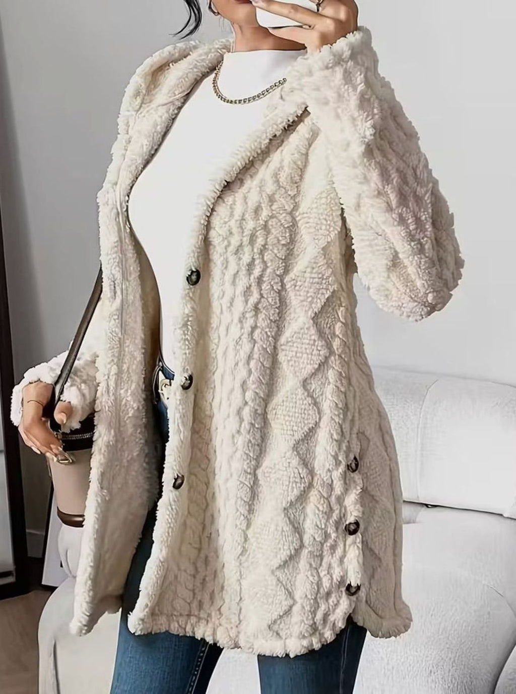 Mia | Veste de transition pour femmes avec capuche, patte de boutonnage, motif structuré, manches longues
