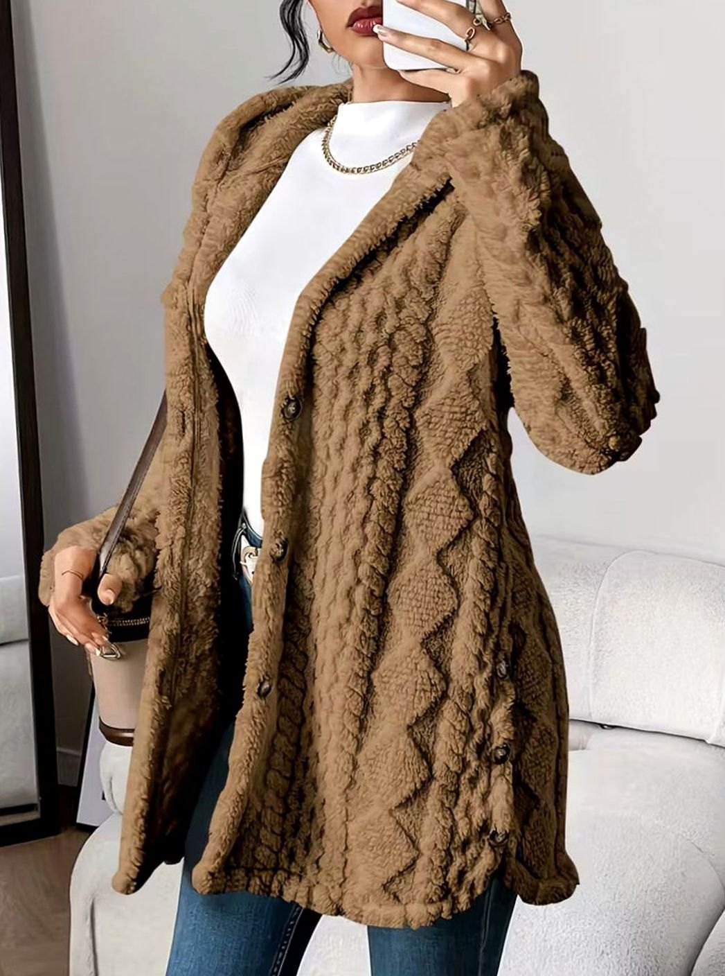 Mia | Veste de transition pour femmes avec capuche, patte de boutonnage, motif structuré, manches longues