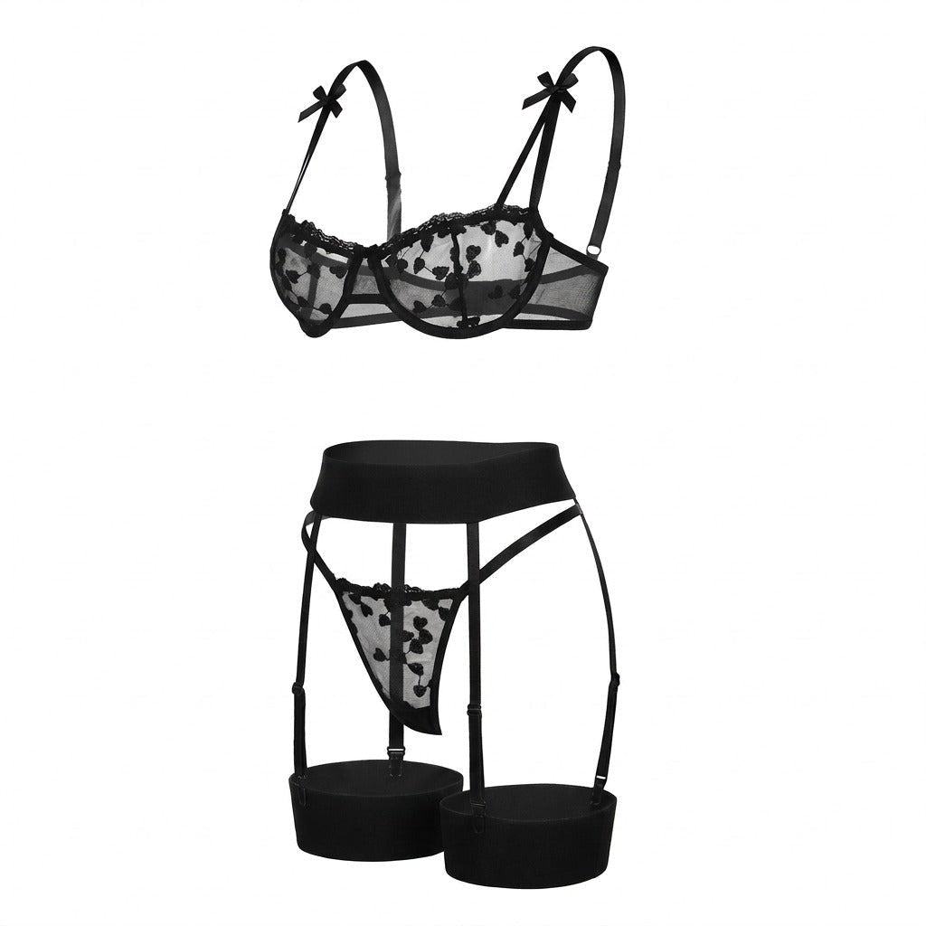 Emilia | Ensemble de Lingerie en Dentelle Brodée avec Jarretelles pour Femmes