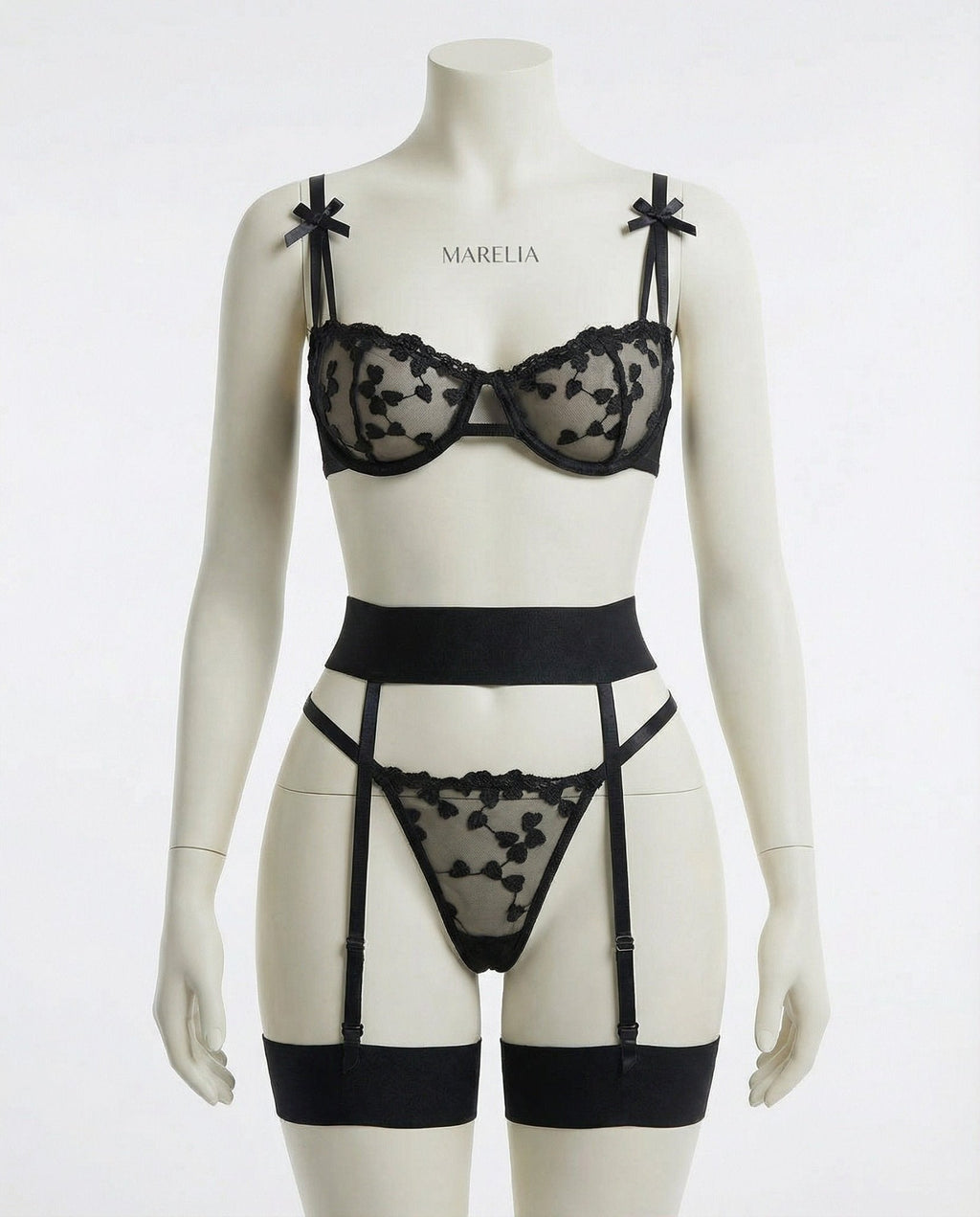 Emilia | Ensemble de Lingerie en Dentelle Brodée avec Jarretelles pour Femmes