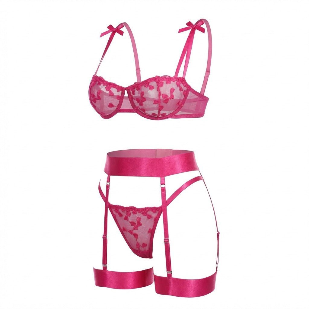 Emilia | Ensemble de Lingerie en Dentelle Brodée avec Jarretelles pour Femmes