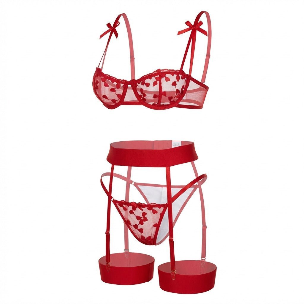 Emilia | Ensemble de Lingerie en Dentelle Brodée avec Jarretelles pour Femmes
