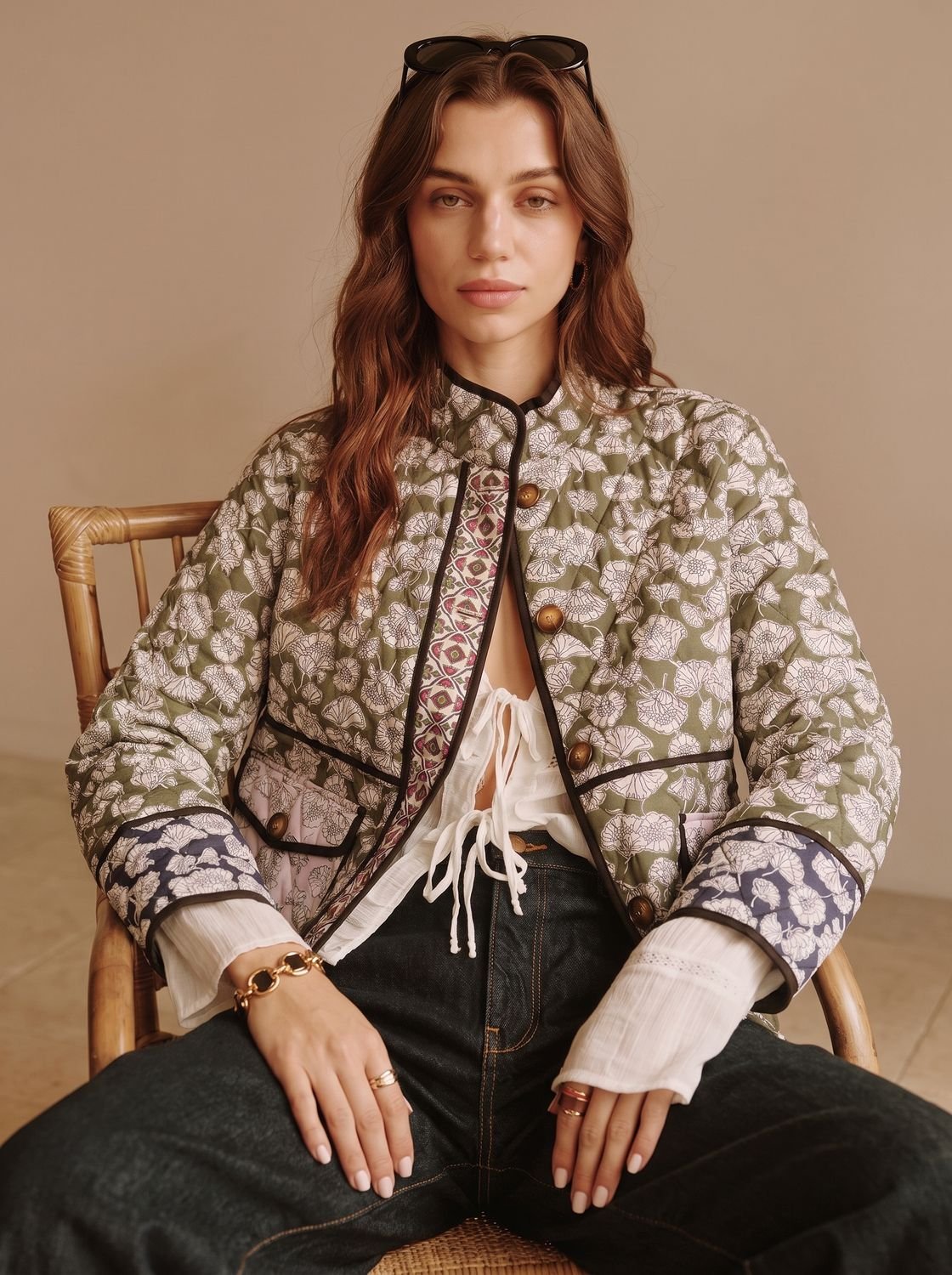 Amelie | Veste matelassée bohème pour femmes avec motif floral et poches à rabat