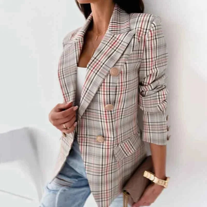 Blazer à carreaux pour femmes avec boutons, manches longues