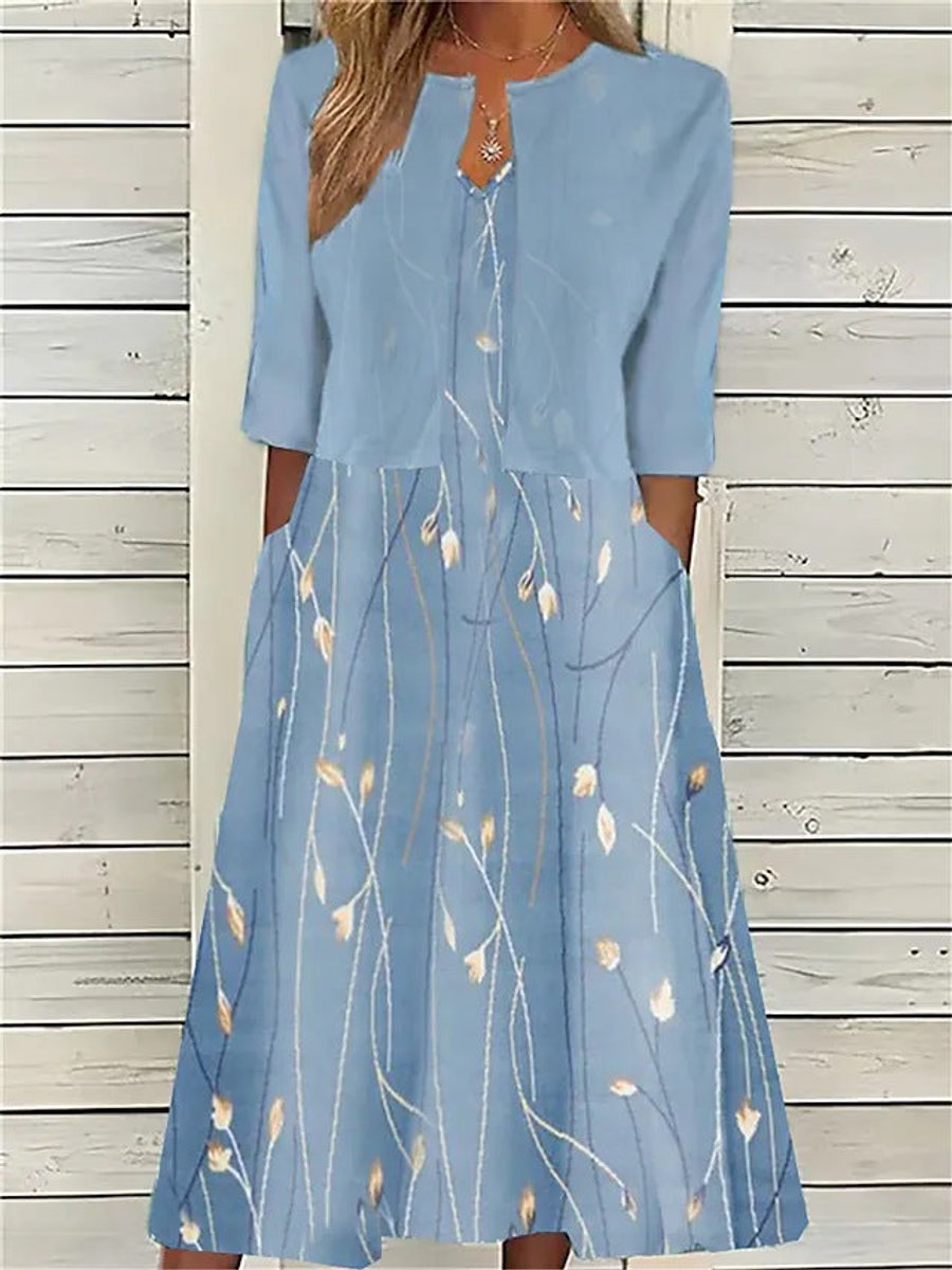 Emilia | Robe Midi à Fleurs pour Femmes avec Col Rond, Manches Mi-Longues et Poches Latérales