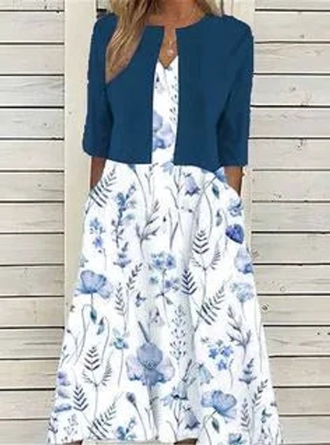 Emilia | Robe Midi à Fleurs pour Femmes avec Col Rond, Manches Mi-Longues et Poches Latérales