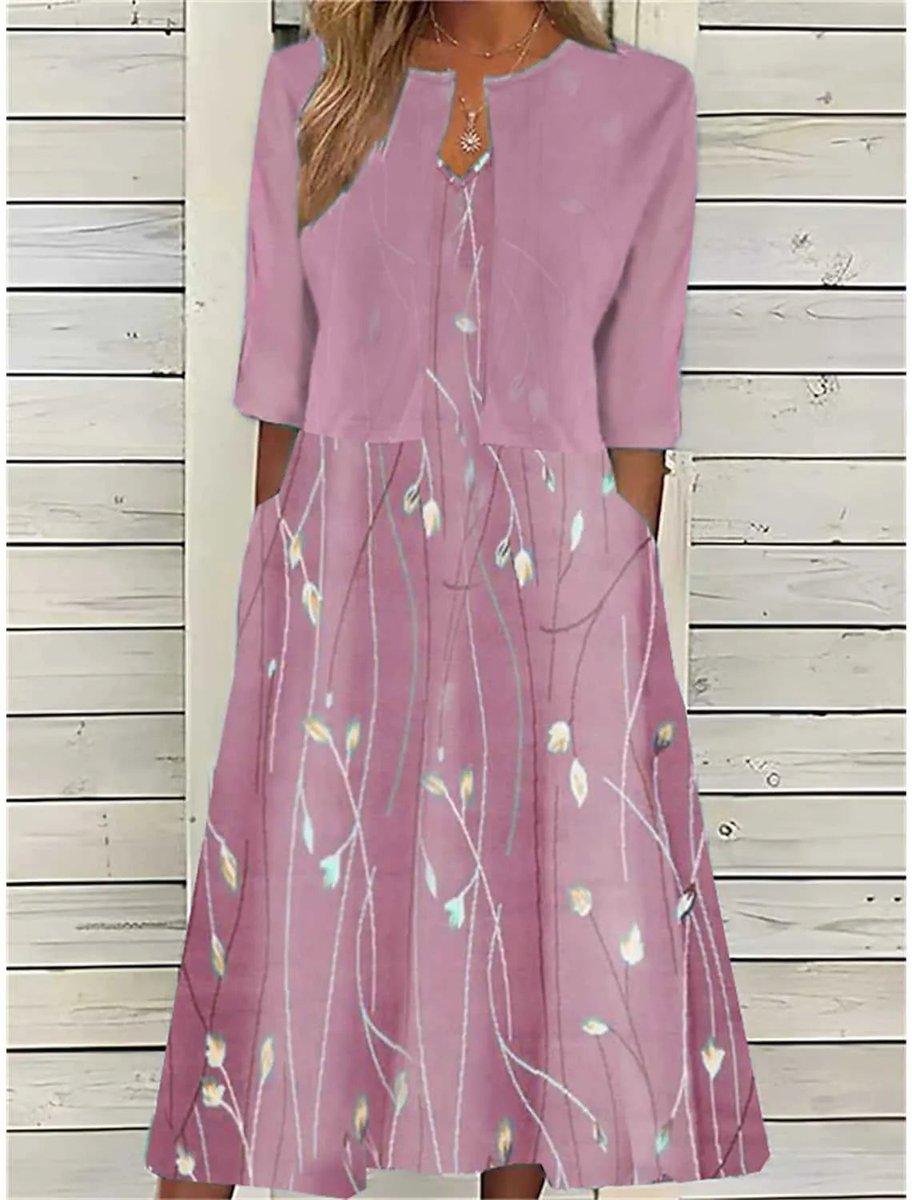 Emilia | Robe Midi à Fleurs pour Femmes avec Col Rond, Manches Mi-Longues et Poches Latérales
