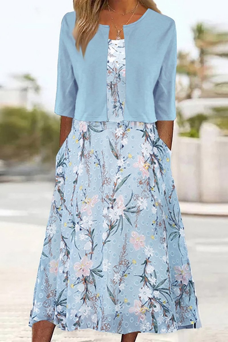 Emilia | Robe Midi à Fleurs pour Femmes avec Col Rond, Manches Mi-Longues et Poches Latérales