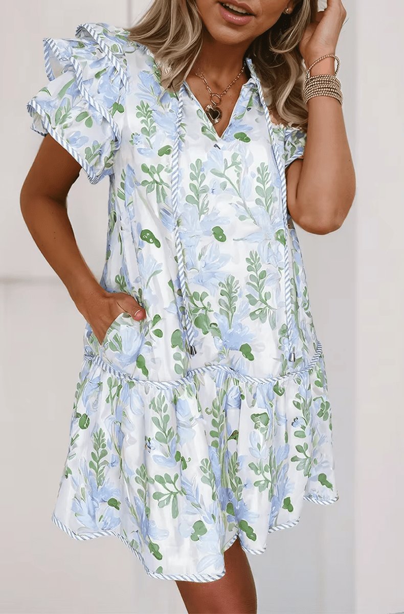 Hannah | Robe d'été mini à fleurs pour femmes avec manches bouffantes et décolleté en V