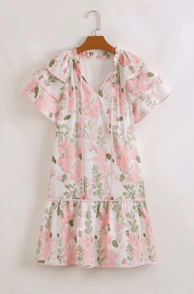 Hannah | Robe d'été mini à fleurs pour femmes avec manches bouffantes et décolleté en V