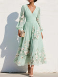 Elisabeth | Robe Midi Chiffon à Imprimé Floral avec Décolleté en V et Manches Bouffantes pour Femmes