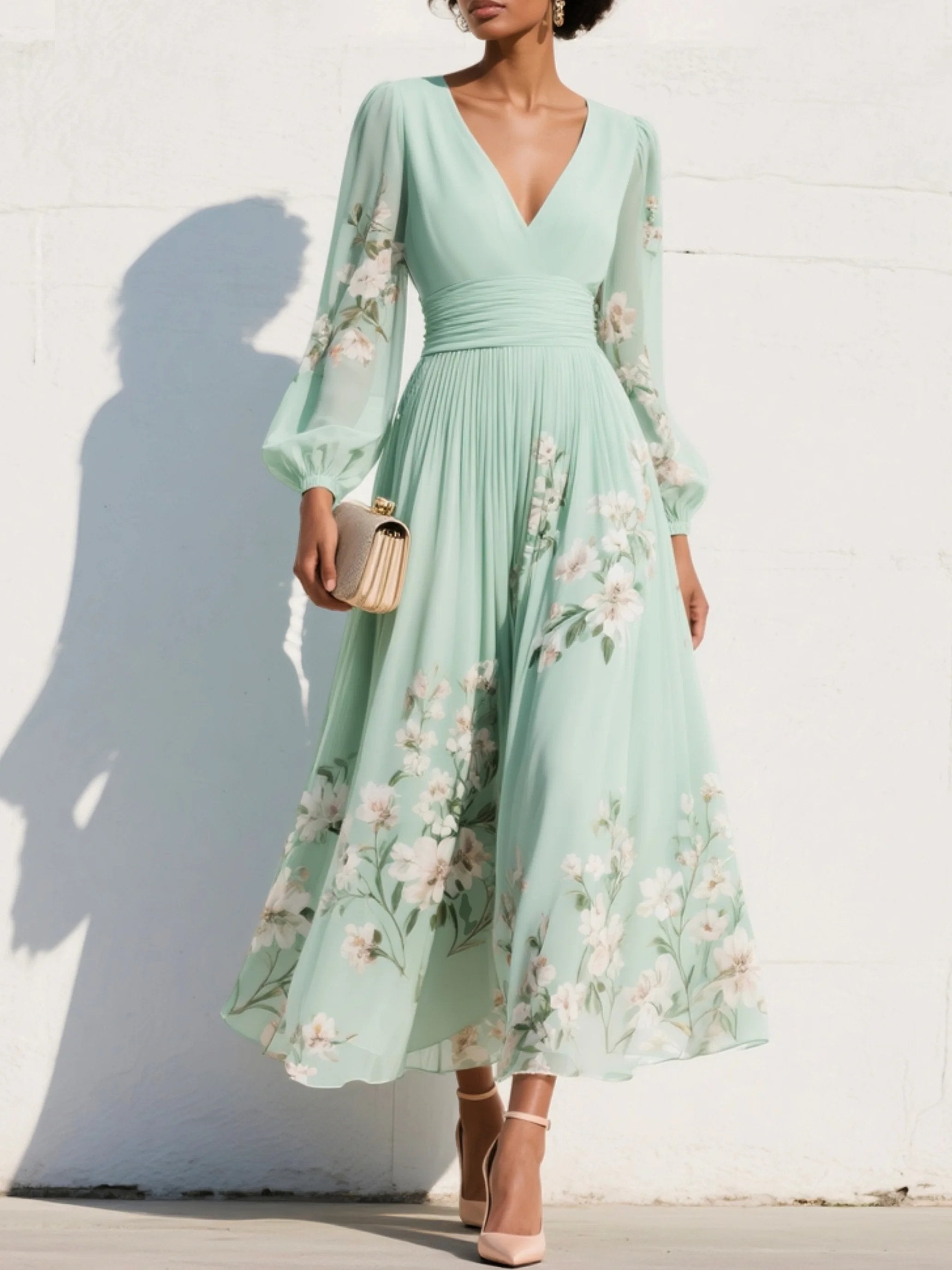 Elisabeth | Robe Midi Chiffon à Imprimé Floral avec Décolleté en V et Manches Bouffantes pour Femmes