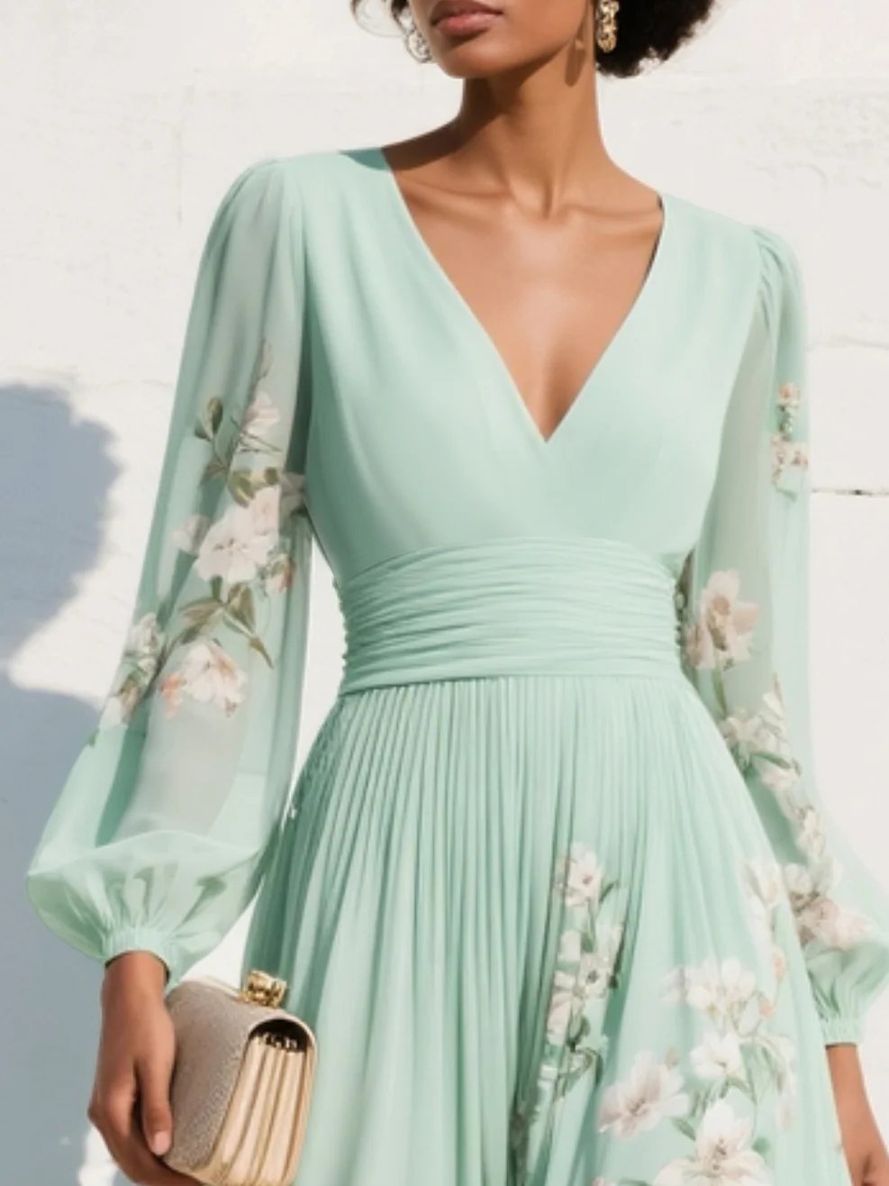 Elisabeth | Robe Midi Chiffon à Imprimé Floral avec Décolleté en V et Manches Bouffantes pour Femmes