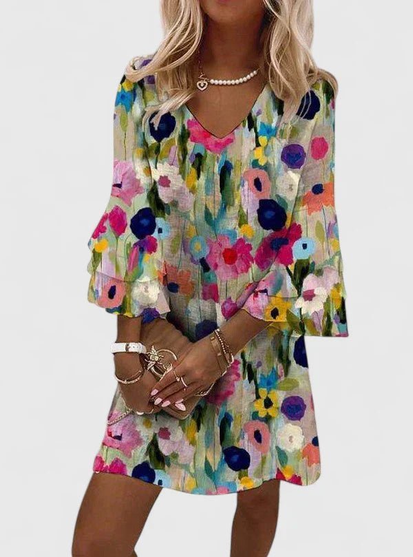 Katharina | Robe Mini à Imprimé Floral avec Décolleté en V et Manches Volantes pour Femmes