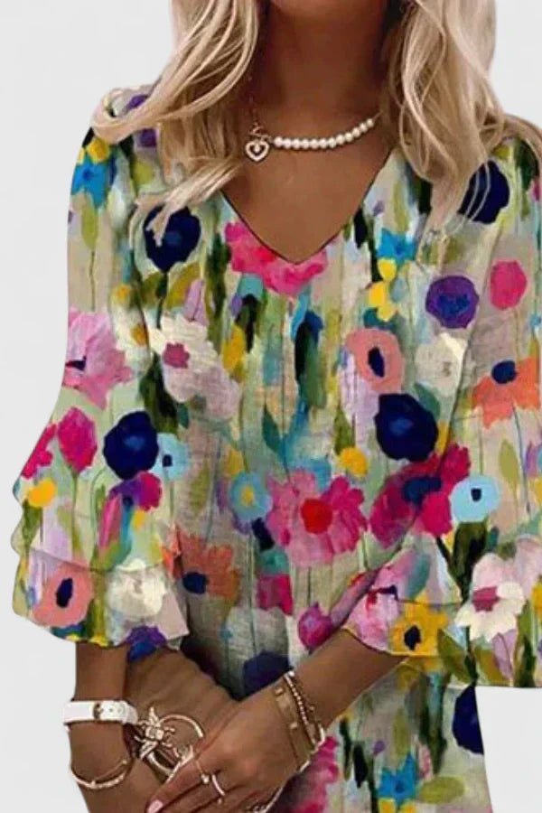 Katharina | Robe Mini à Imprimé Floral avec Décolleté en V et Manches Volantes pour Femmes