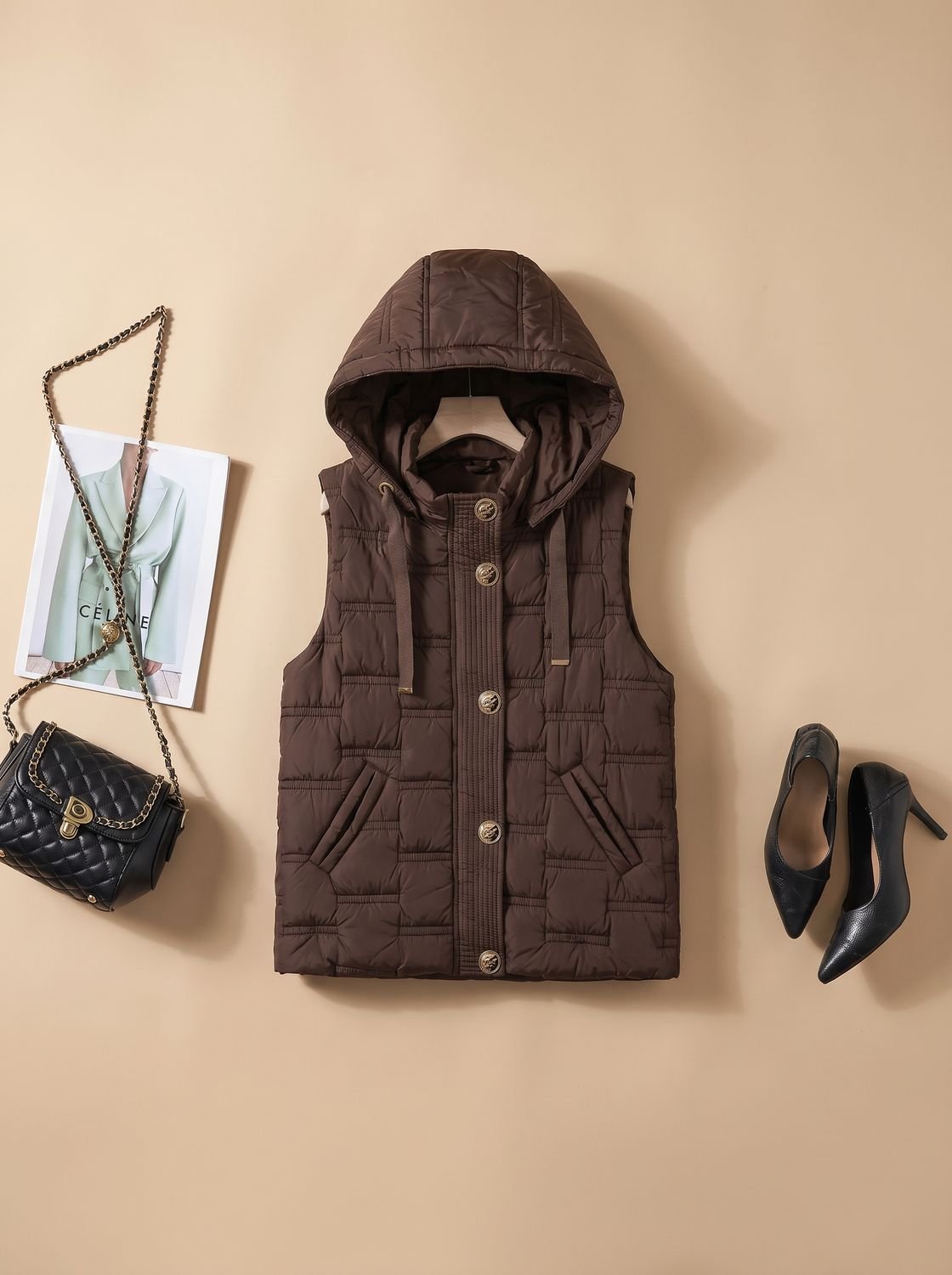 Leonie | Gilet sans manches pour femmes, gilet à capuche matelassé avec patte de boutonnage
