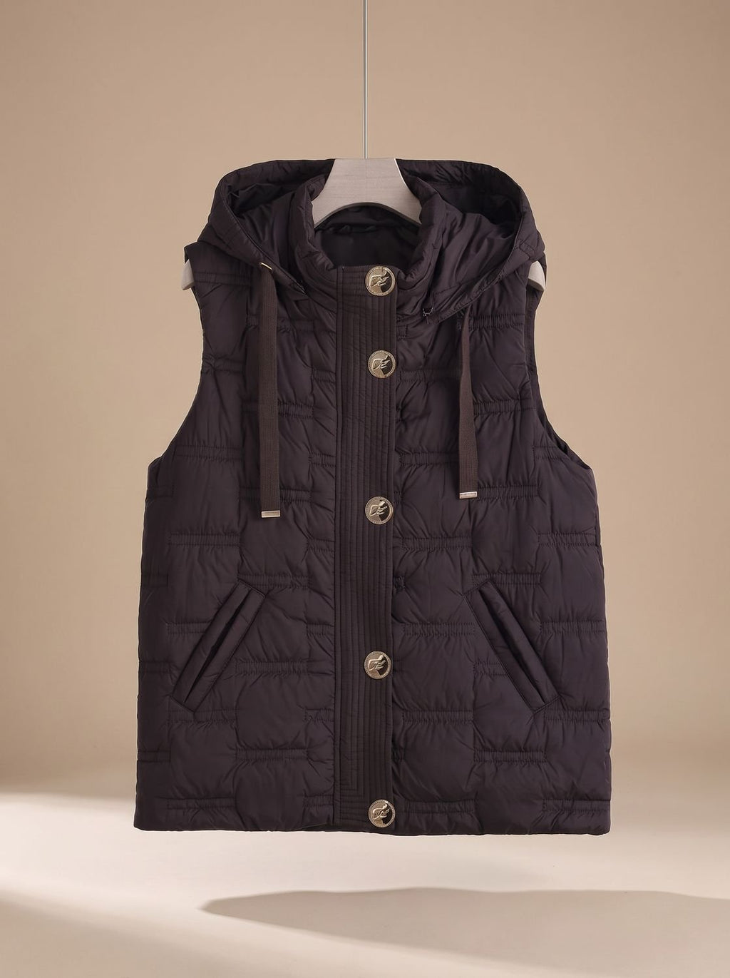 Leonie | Gilet sans manches pour femmes, gilet à capuche matelassé avec patte de boutonnage