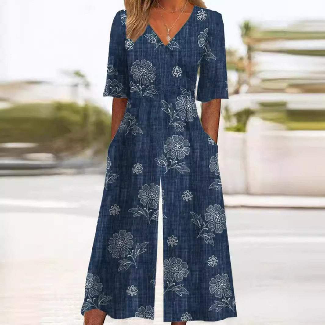 Annika | Combinaison Femme Boho à Imprimé Floral Décolleté en V Manches Courtes