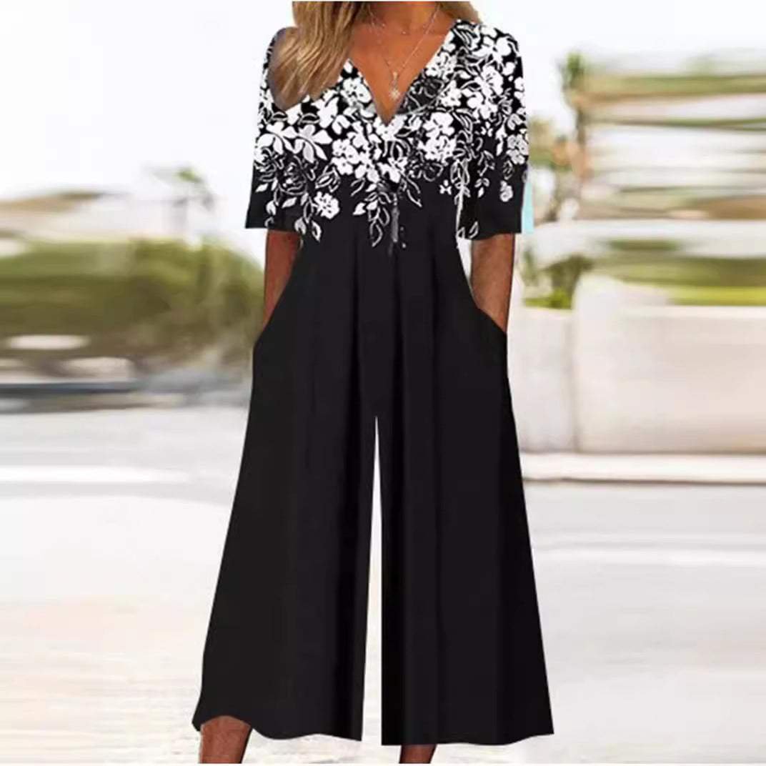 Annika | Combinaison Femme Boho à Imprimé Floral Décolleté en V Manches Courtes