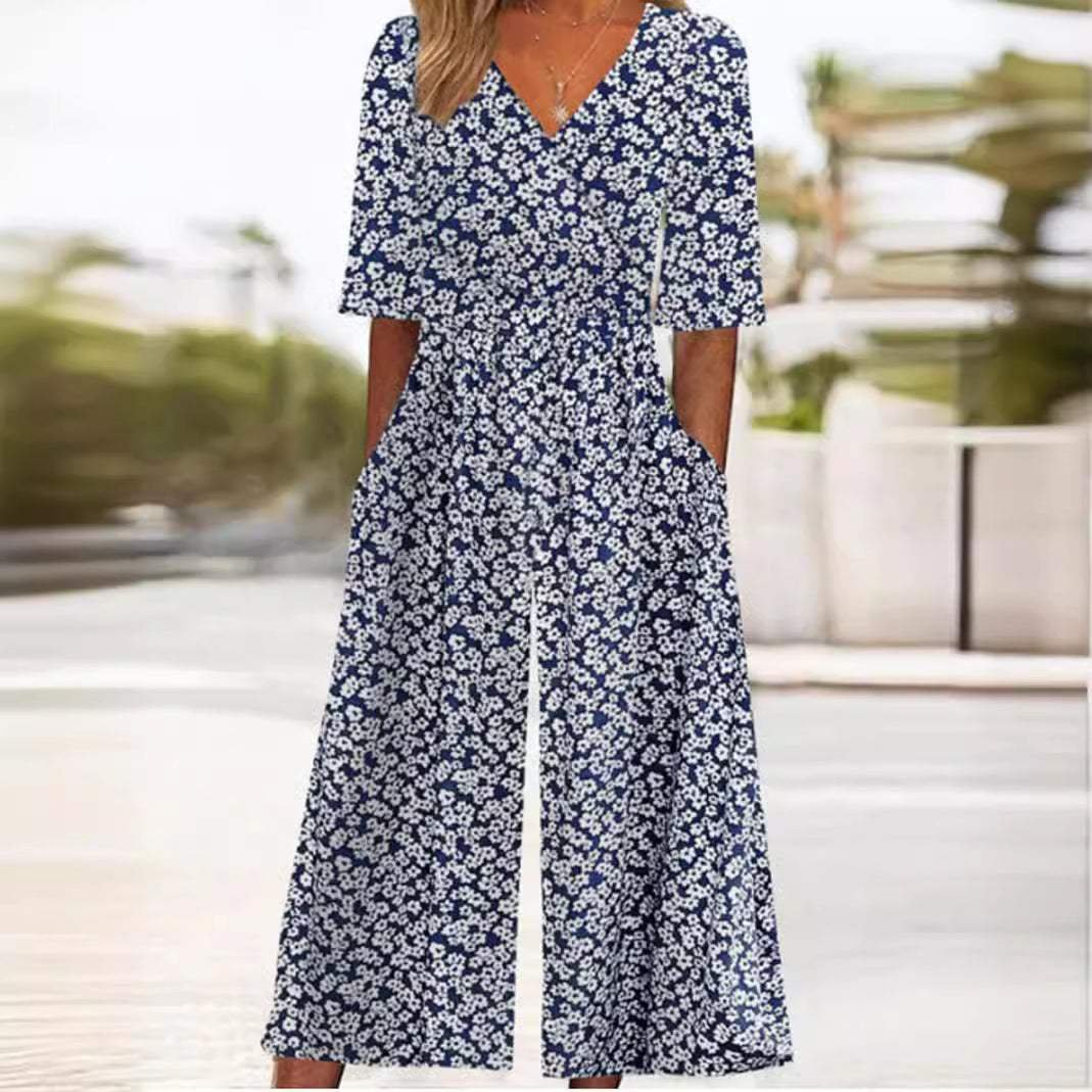 Annika | Combinaison Femme Boho à Imprimé Floral Décolleté en V Manches Courtes