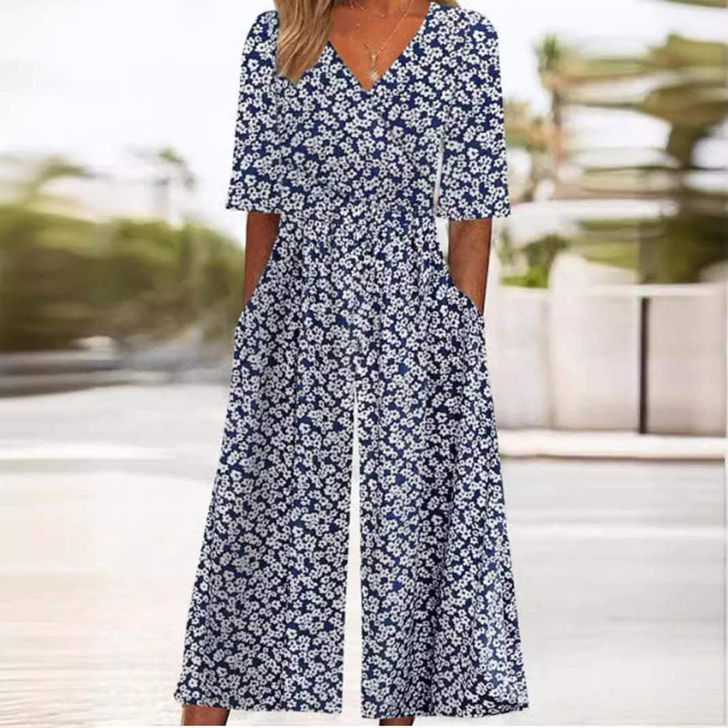 Annika | Combinaison Femme Boho à Imprimé Floral Décolleté en V Manches Courtes