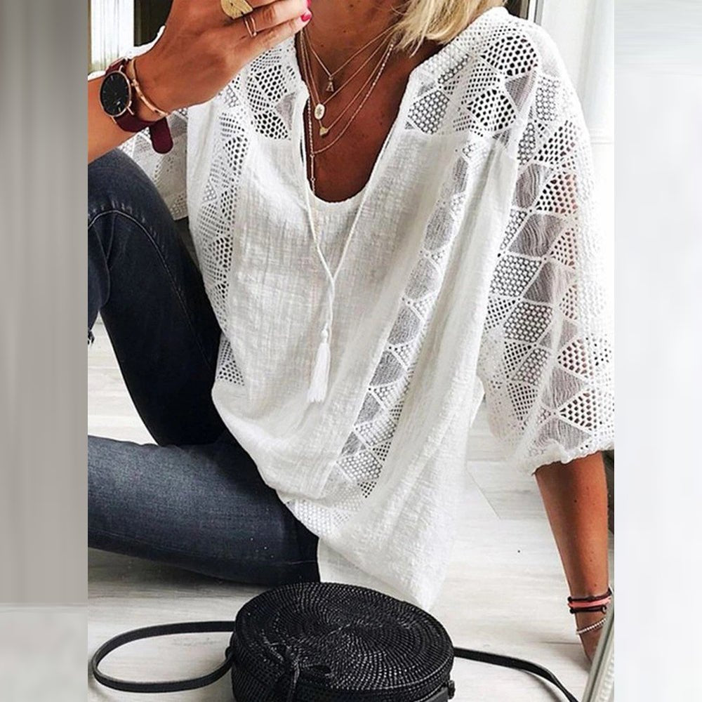Marie | Blouse femme Boho avec détails en crochet, coupe loose-fit à manches trois-quarts