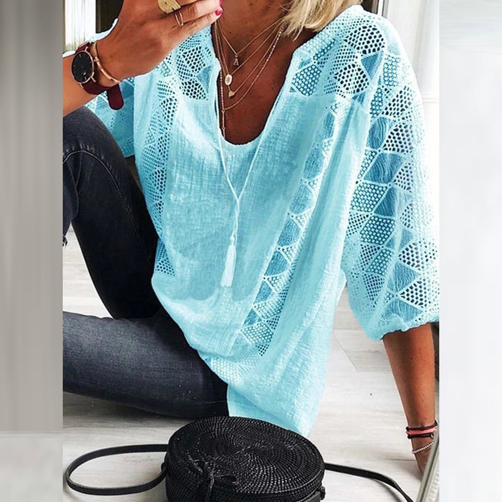 Marie | Blouse femme Boho avec détails en crochet, coupe loose-fit à manches trois-quarts