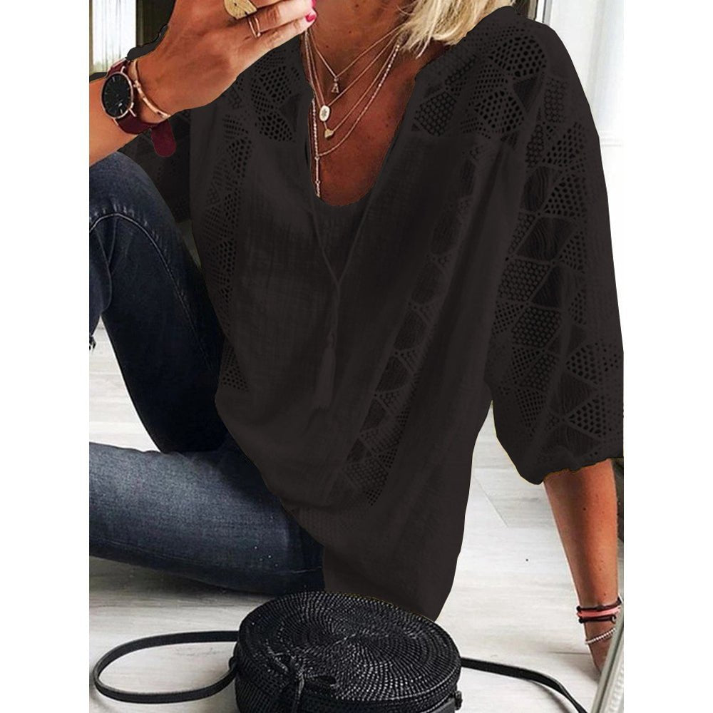 Marie | Blouse femme Boho avec détails en crochet, coupe loose-fit à manches trois-quarts