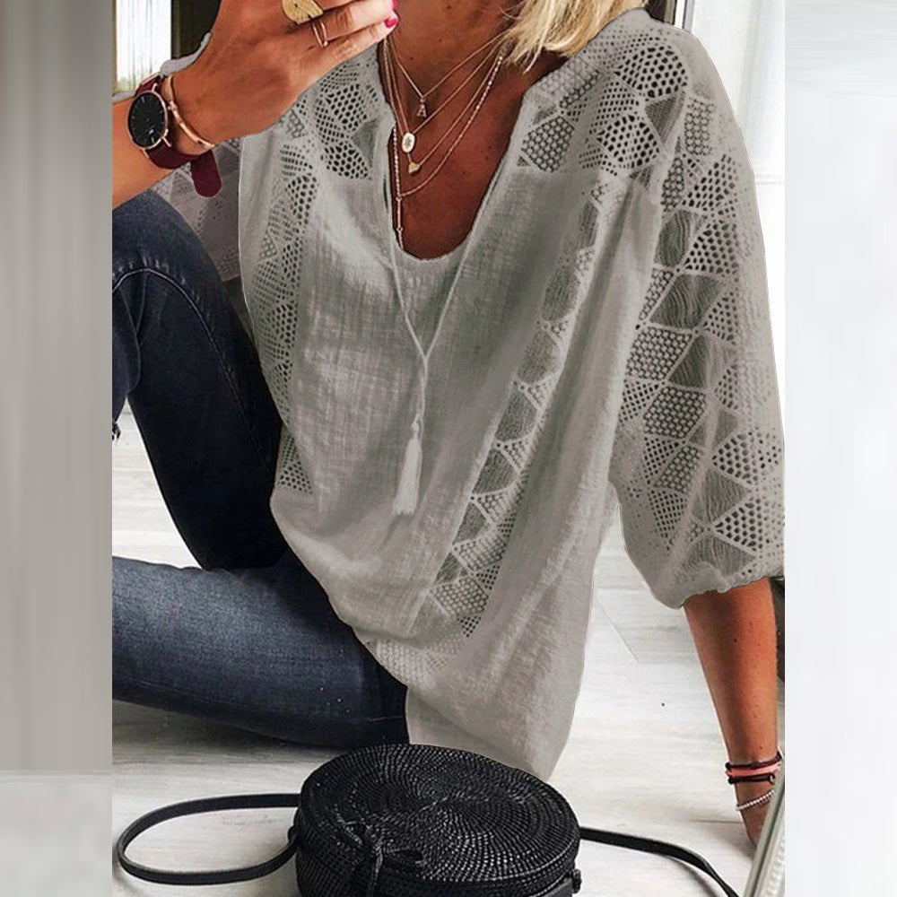 Marie | Blouse femme Boho avec détails en crochet, coupe loose-fit à manches trois-quarts