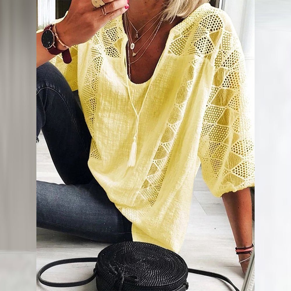 Marie | Blouse femme Boho avec détails en crochet, coupe loose-fit à manches trois-quarts