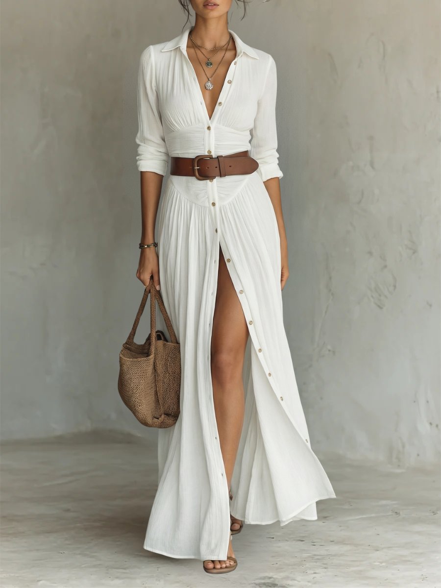 Marie | Robe maxi chemise boho pour femmes avec boutons et ceinture