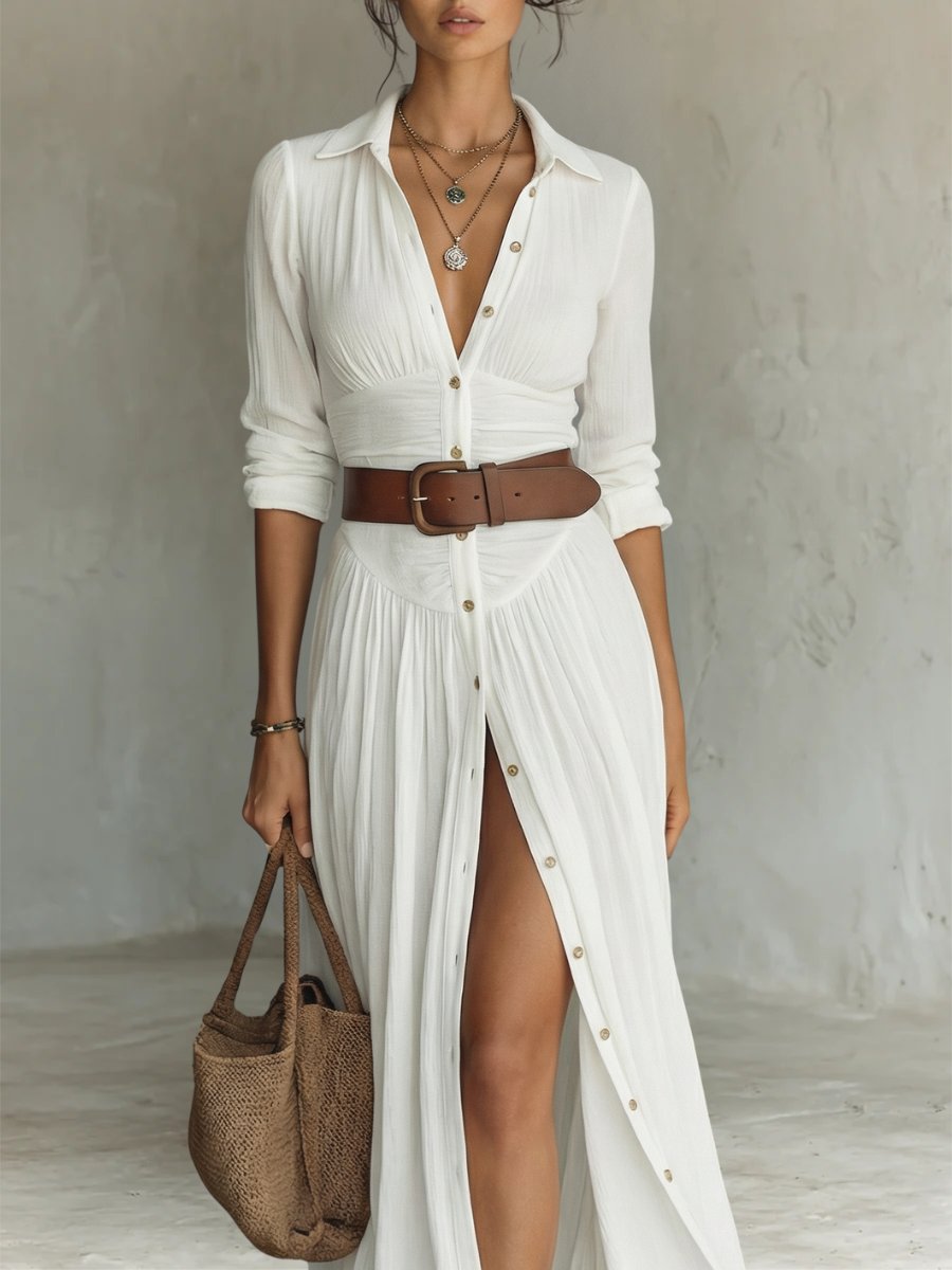 Marie | Robe maxi chemise boho pour femmes avec boutons et ceinture