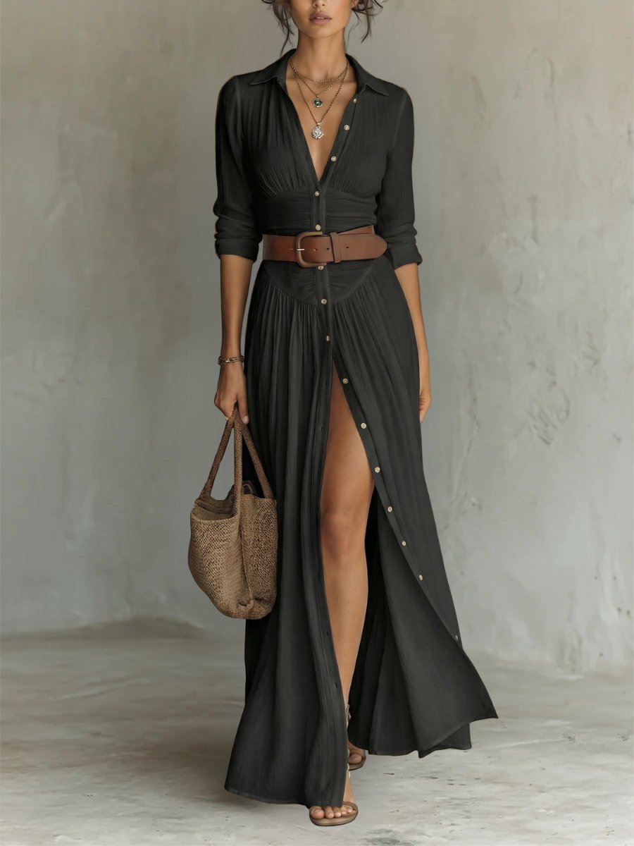 Marie | Robe maxi chemise boho pour femmes avec boutons et ceinture
