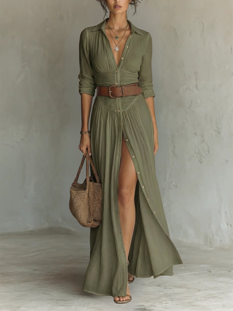 Marie | Robe maxi chemise boho pour femmes avec boutons et ceinture