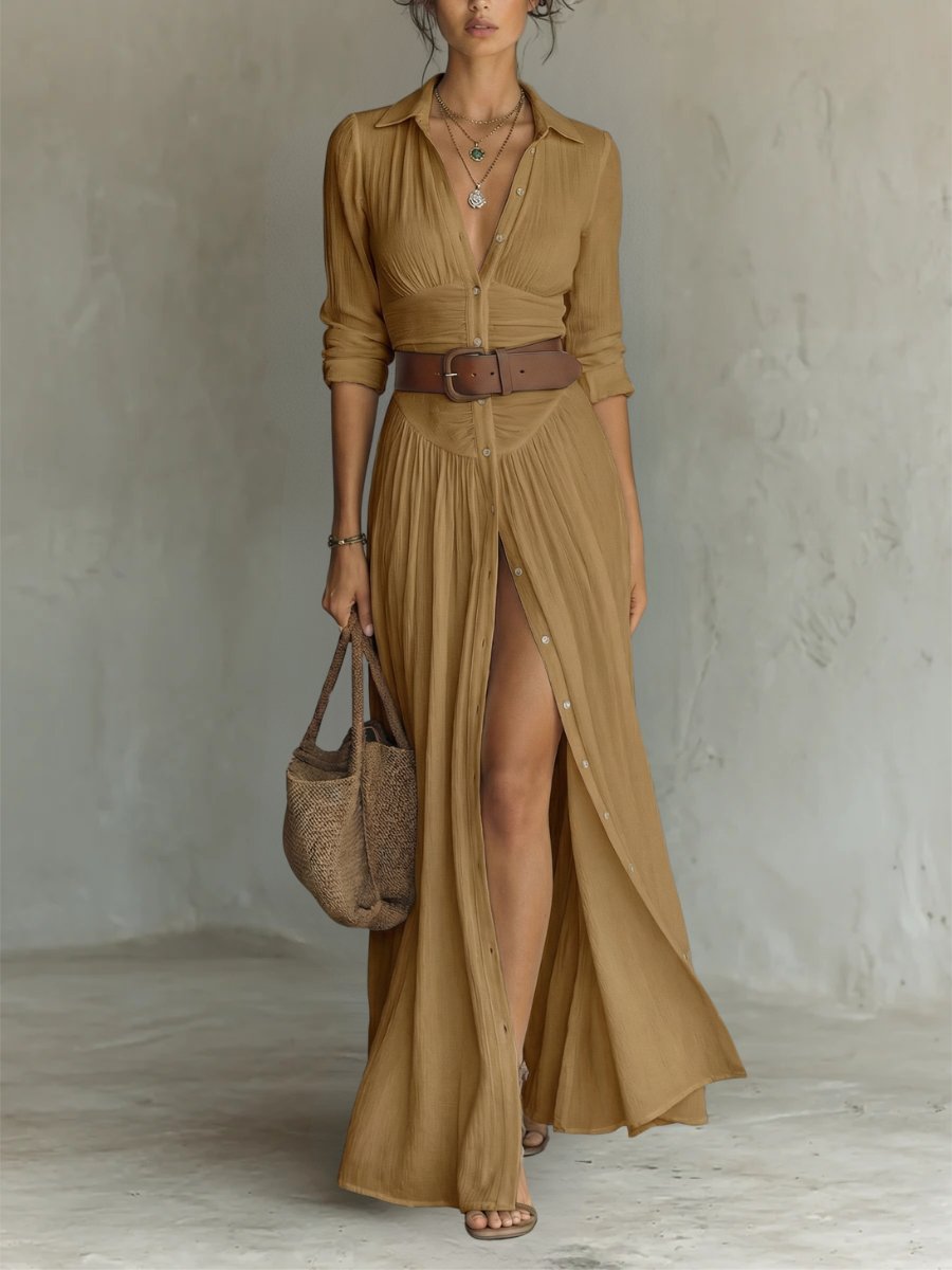 Marie | Robe maxi chemise boho pour femmes avec boutons et ceinture