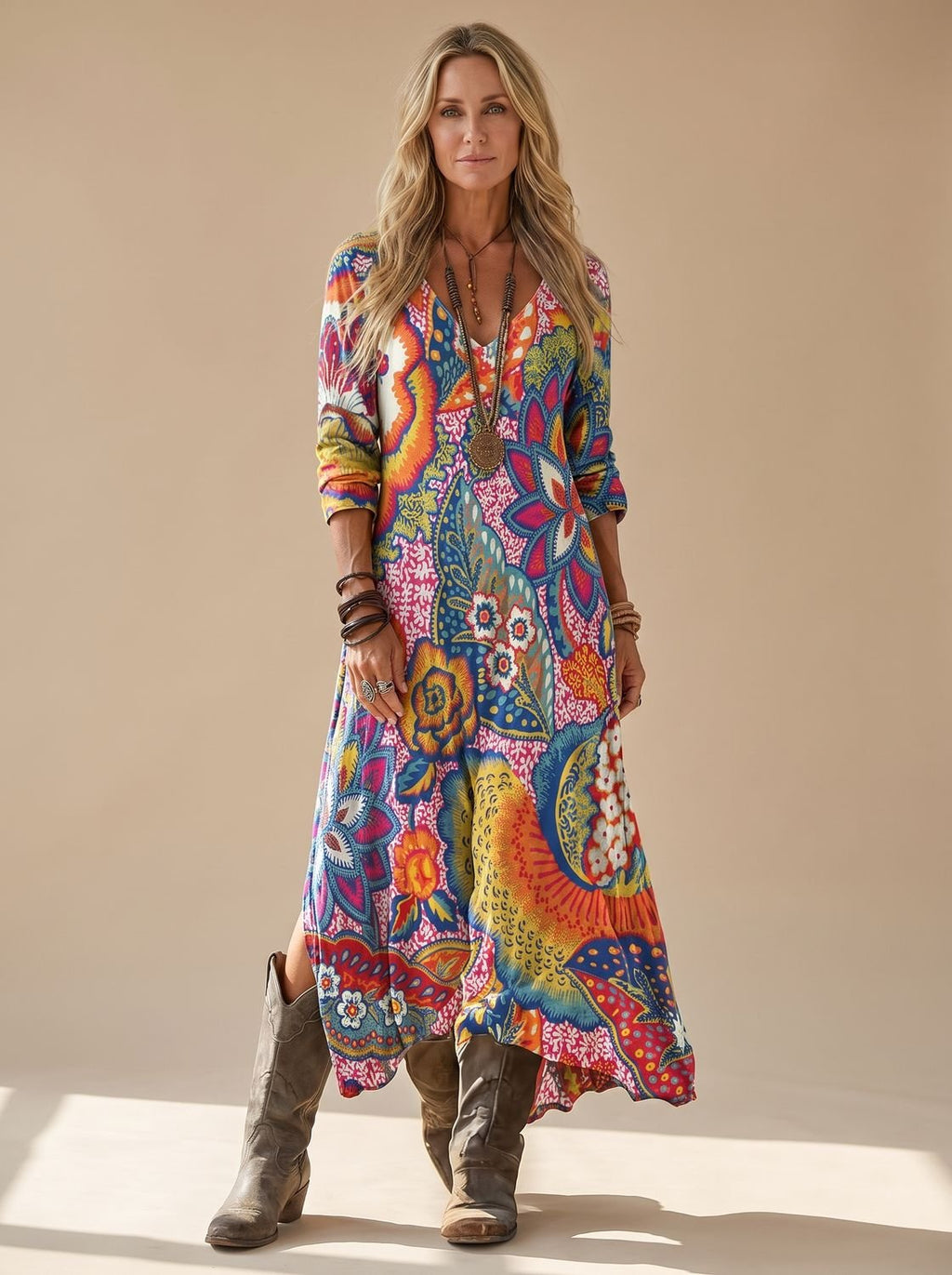 Marie | Robe Maxi Boho Femme avec Décolleté en V Motif Floral Vintage Manches 3/4