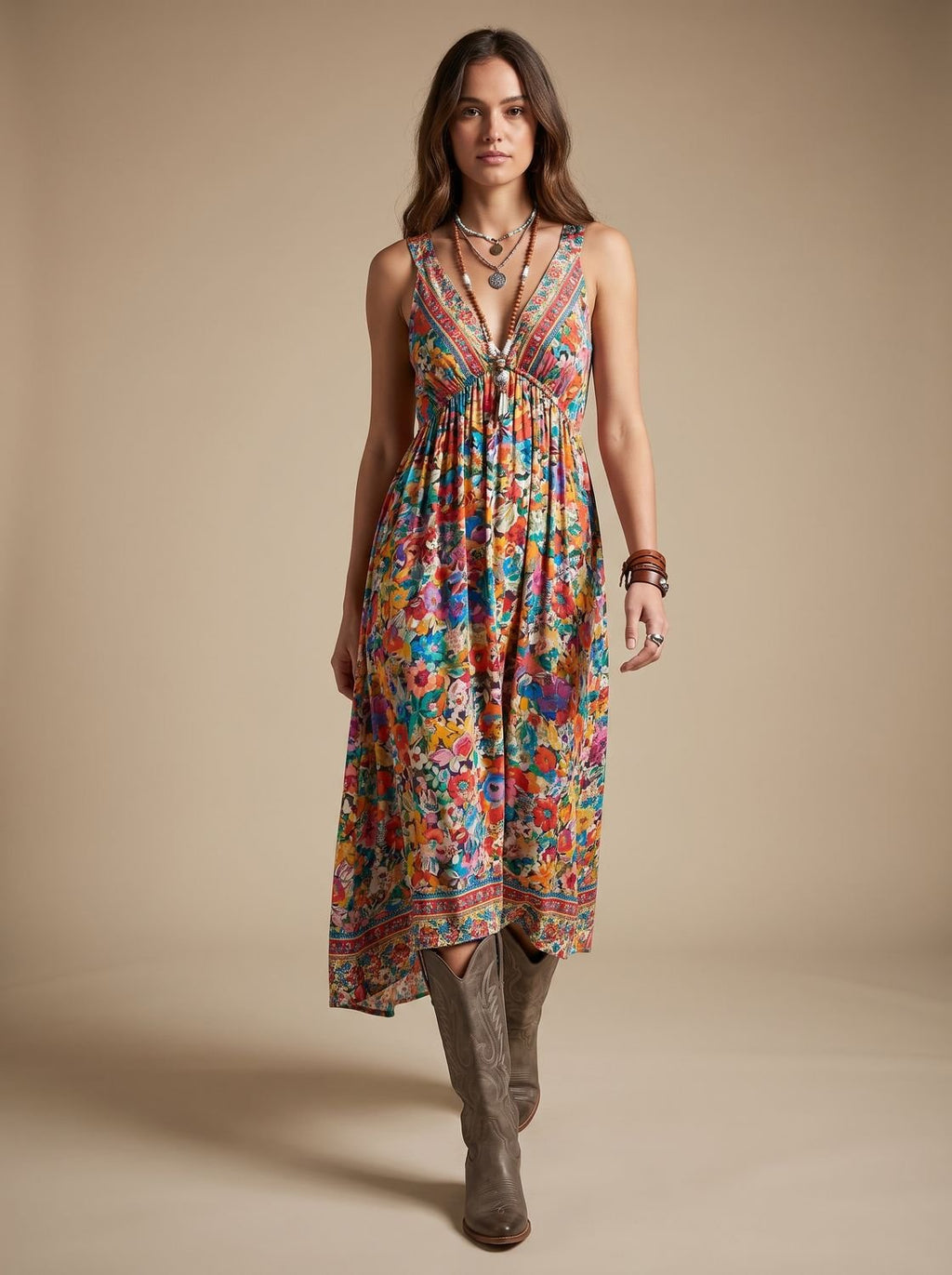 Marie | Robe Maxi Boho Femme avec Décolleté en V Motif Floral Vintage Manches 3/4
