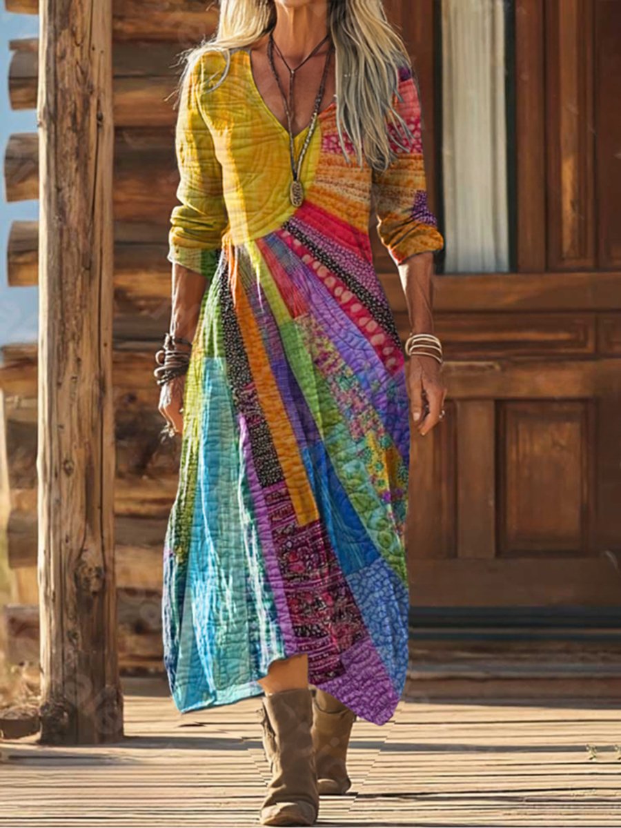 Marie | Robe Midi Boho Patchwork à Manches Longues Décolleté en V