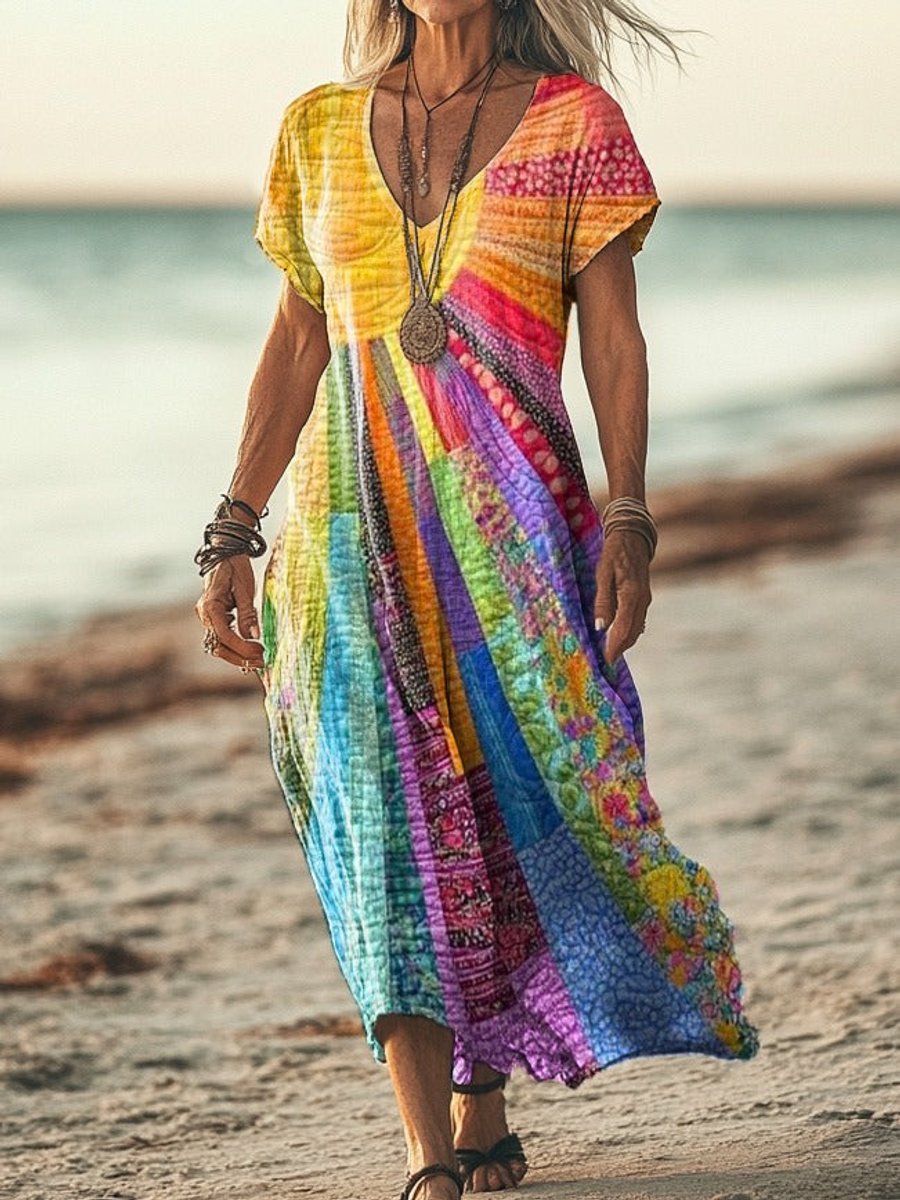Marie | Robe Midi Boho Patchwork à Manches Longues Décolleté en V