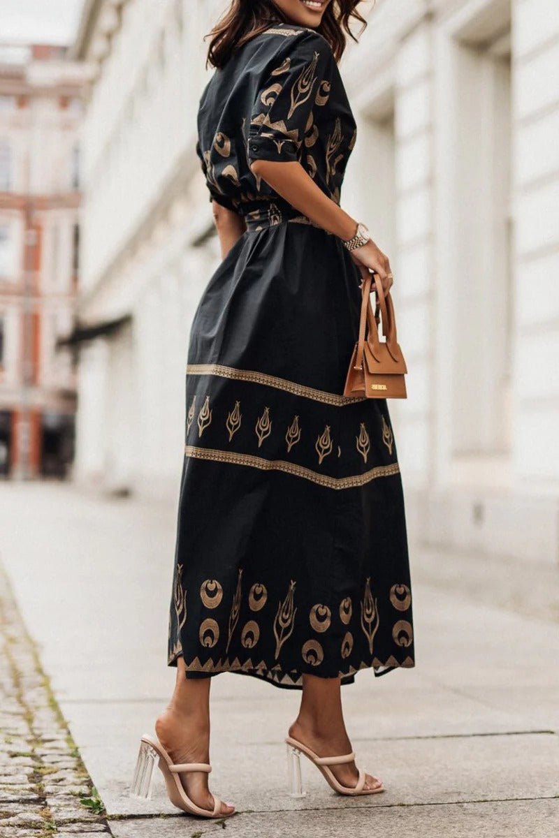 Hannah | Robe Midi à Imprimé Boho avec Ceinture et Manches 3/4 pour Femmes