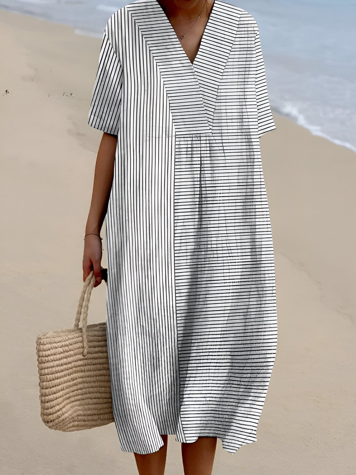 Leonie | Robe d'été midi Boho à décolleté en V pour femmes avec manches courtes