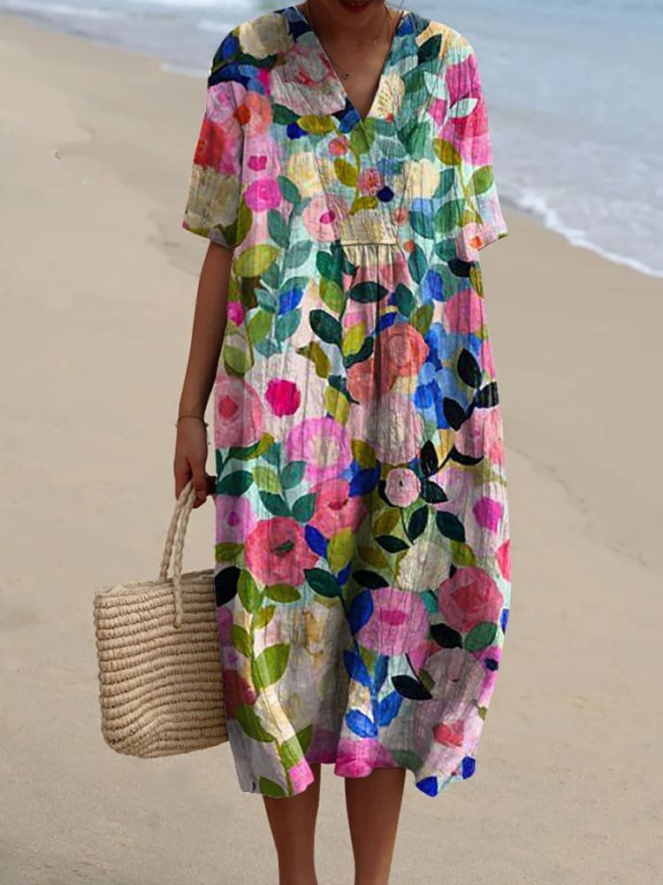 Leonie | Robe d'été midi Boho à décolleté en V pour femmes avec manches courtes