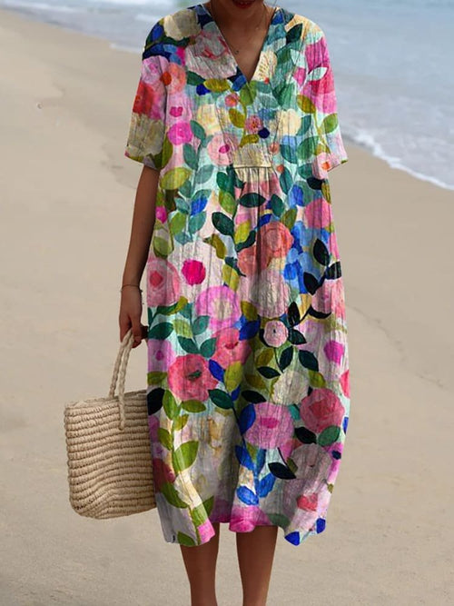 Leonie | Robe d'été midi Boho à décolleté en V pour femmes avec manches courtes