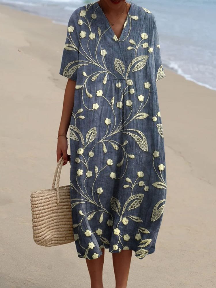 Leonie | Robe d'été midi Boho à décolleté en V pour femmes avec manches courtes