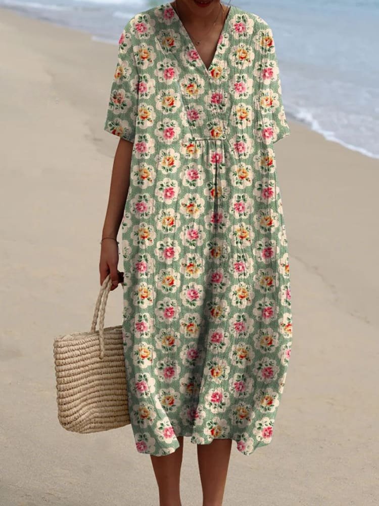 Leonie | Robe d'été midi Boho à décolleté en V pour femmes avec manches courtes